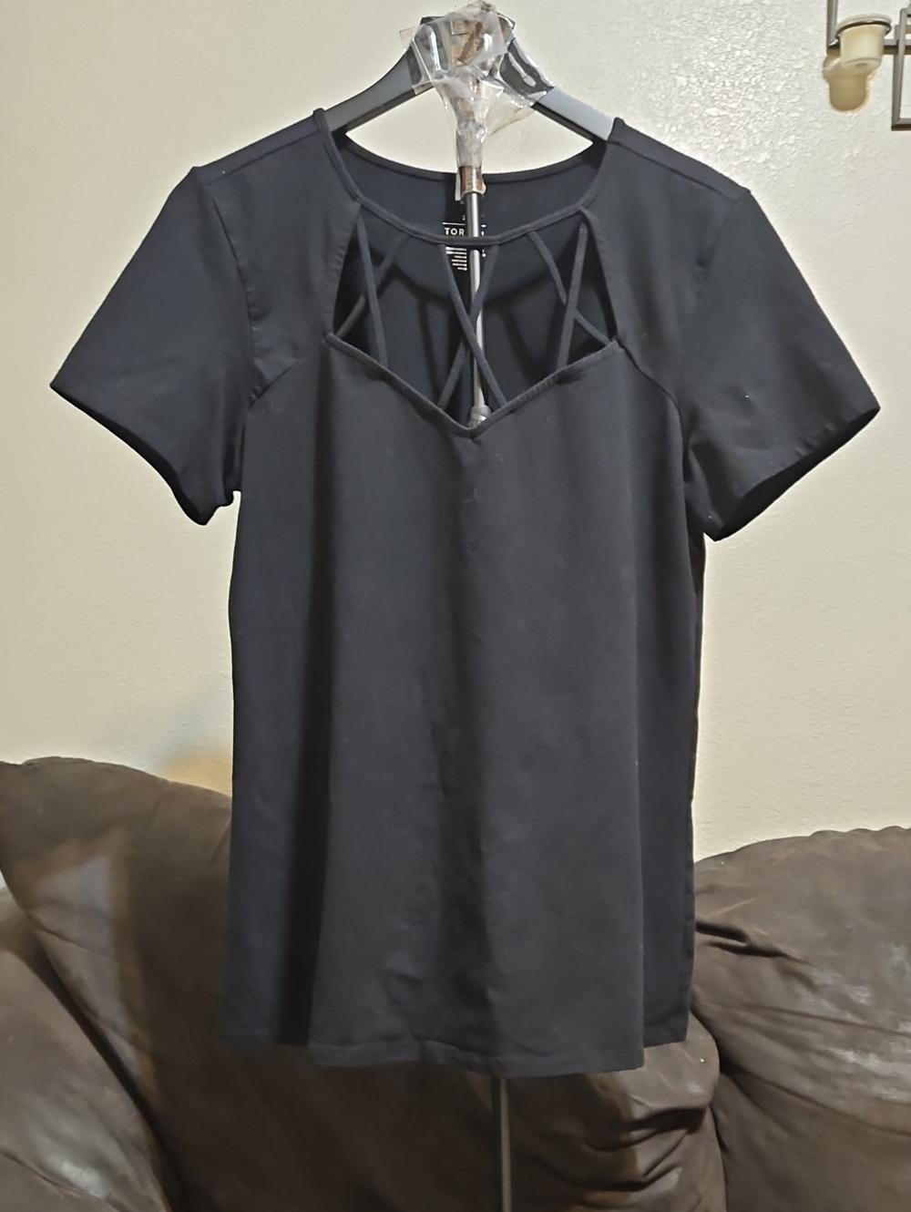 torrid Black Short-Sleeve Tee with Lattice V-Neck